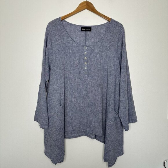 Jones New York Linen Blend Tunic Top Size 1X Blue Asymmetrical Hem - Picture 1 of 10